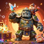 Experience the excitement of 88aa with a magical scene of a golem guardian, fairy, and hamster knight amidst vibrant casino elements.