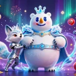 Engage with casino plus in this vibrant 3D scene showcasing a polar bear and snow fox amidst dynamic lottery elements.