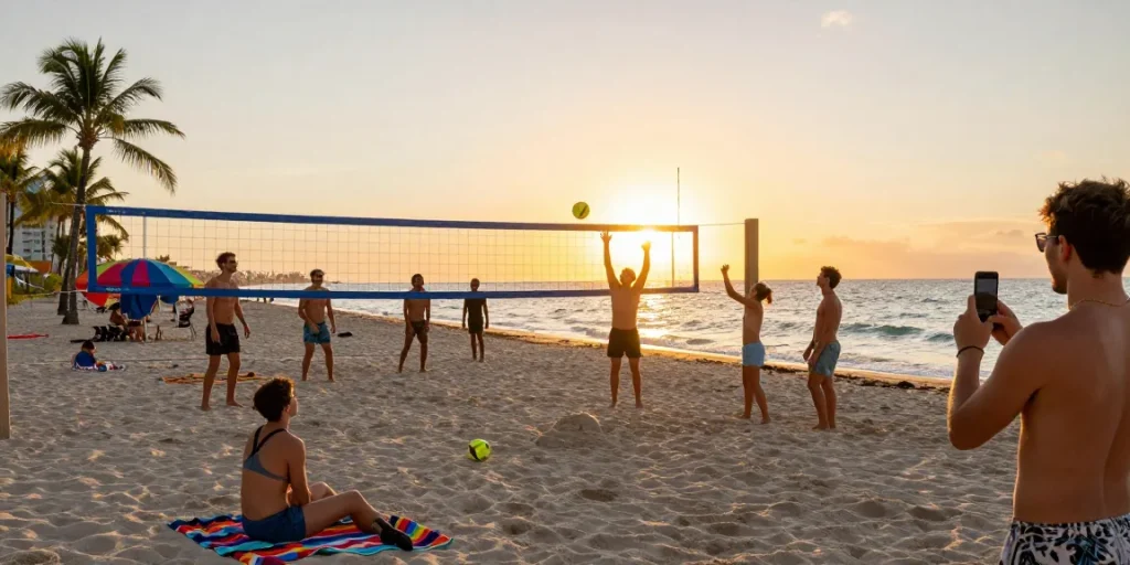 Teman-teman bersenang-senang di pantai Miami, voli pasir saat matahari terbenam di https://miami4d.com/.