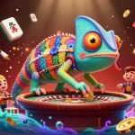 Win big at FB88 with an energetic chameleon casino owner amidst colorful games and vibrant decorations