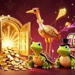 Engage with the excitement of tải sunwin through a vibrant 3D casino scene featuring slot reels and whimsical characters.