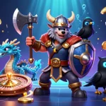 Engage in thrilling gaming at TG88 with playful Viking warriors and a dazzling casino scene.