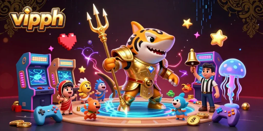 Experience thrilling wins at vipph with a dynamic underwater casino scene featuring a gladiator shark and vibrant game elements.