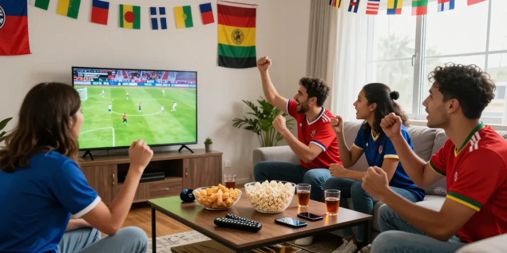 Cheering friends enjoying soccer match with source coverage on TV