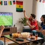 Cheering friends enjoying soccer match with source coverage on TV