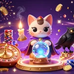 KUWIN's immersive casino experience featuring a mystical fortune teller cat, vibrant treasures, and gaming elements.