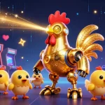 Menangkan slot777 dengan robot ayam emas futuristik dalam ilustrasi kasino 3D.