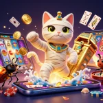 Experience the excitement of 99WIN with dynamic casino action featuring a mummy cat and glowing scarab.