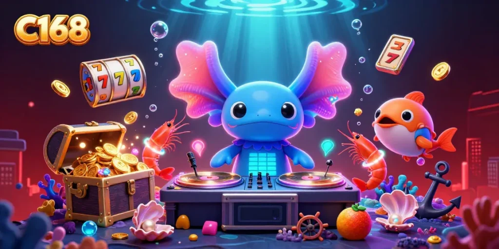 C168 introduces a vibrant scene with a neon axolotl DJ, slot reels, and underwater treasures, enhancing your gaming experience.