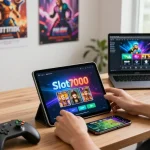 Engaging with slot7000 gaming app on a tablet in a vibrant room.