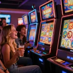 link slot gacor dalam suasana kasino yang meriah dengan teman-teman merayakan kemenangan jackpot