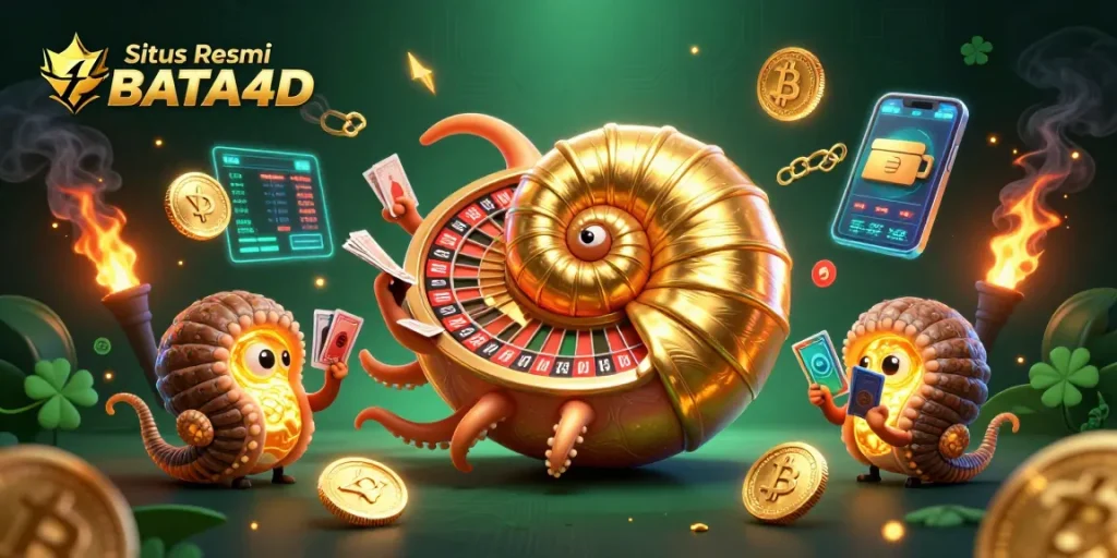 Menggambarkan Situs Resmi BATA4D, nautilus besar berputar dengan kartu, dan lampu neon crypto dalam ilustrasi penuh warna.