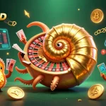 Menggambarkan Situs Resmi BATA4D, nautilus besar berputar dengan kartu, dan lampu neon crypto dalam ilustrasi penuh warna.