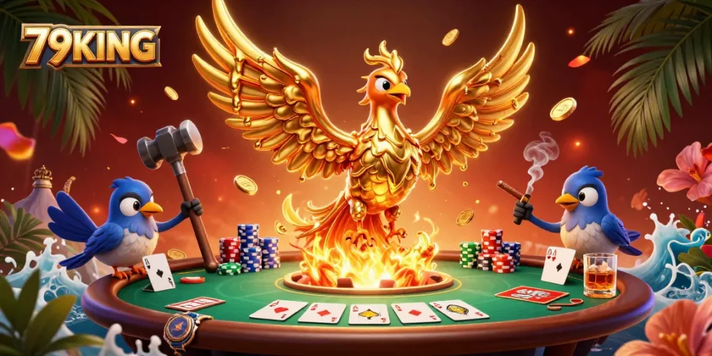 Experience the adrenaline of 79KING as golden coins and poker chips flow from a phoenix's molten wings.