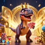 Stack winning hands at 8xbet nhà cái with a cartoon T-Rex, pterodactyl, and triceratops in a vibrant casino scene.