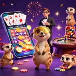 F88 BET showcases meerkats running a vibrant casino operation with dynamic gambling elements.